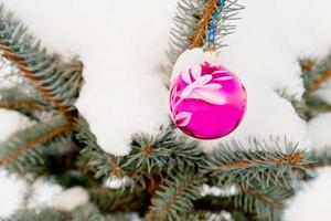 decoraciones del árbol de navidad en el árbol bajo la nieve al aire libre foto