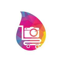 Camera Shop drop shape concept Logo vector icon. Shopping Cart with Camera Lens Logo Design Template.