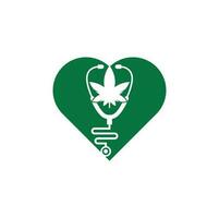 Vector de logotipo de concepto de forma de corazón de médico de cannabis. plantilla de diseño de logotipo de cannabis estetoscopio.