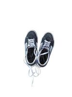 object photo of a pair of blue shoes and black footwear on a white background, photo of shoes isolated white background