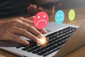 survey customer Show dissatisfaction, male customers express sad mood in online surveys, poor service quality, low rating score. photo