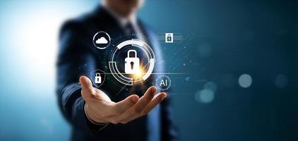 Cybersecurity and privacy concepts to protect data. Lock icon and internet network security technology. Businessmen protecting personal data on virtual interfaces. photo