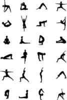 A vector collection of yoga position silhouettes for artwork compositions.