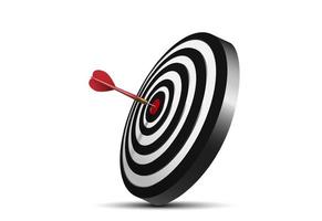 Red dart hit to center of dartboard. Arrow on bullseye in target. Business success, investment goal, opportunity challenge, aim strategy, achievement focus concept. 3d realistic vector illustration