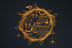 Happy Halloween Text Banner, orange horror wreath of branches, a realistic round frame border of twisted branches, vector illustration isolated on black background