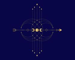 tótem dorado, geometría sagrada, flecha mística y luna creciente, líneas punteadas de oro en estilo boho, icono wiccan, talismán mágico místico esotérico de alquimia. vector de ocultismo espiritual aislado en azul