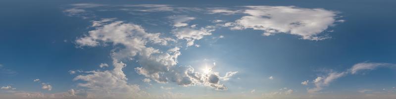 Seamless blue sky hdri panorama 360 degrees angle view with zenith and beautiful clouds for use in 3d graphics as sky replacement and sky dome or edit drone shot photo