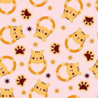 Seamless pattern with animals on a pink background. A pattern with a baby rattle in the form of a tiger. Kawaii animals vector