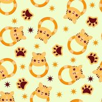 Seamless pattern with animals on a yellow background. A pattern with a baby rattle in the form of a tiger. Kawaii animals vector