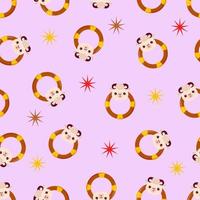 Seamless pattern with animals on a lilac background. A pattern with a baby rattle in the form of a lamb. Kawaii animals vector