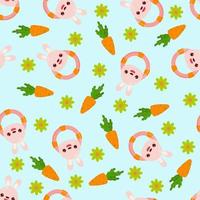 Seamless pattern with animals on a blue background. A pattern with a baby rattle in the form of a rabbit. Kawaii animals vector