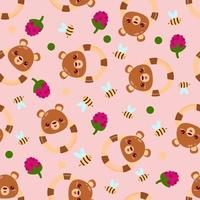 Seamless pattern with animals on a pink background. A pattern with a baby rattle in the form of a bear. Kawaii animals vector