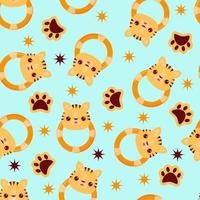 Seamless pattern with animals on a green background. A pattern with a baby rattle in the form of a tiger. Kawaii animals vector