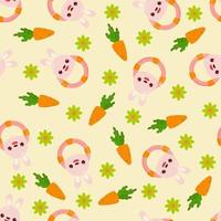 Seamless pattern with animals on a yellow background. A pattern with a baby rattle in the form of a rabbit. Kawaii animals vector
