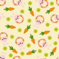 Seamless pattern with animals on a yellow background. A pattern with a baby rattle in the form of a rabbit. Kawaii animals vector