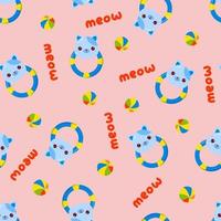 Seamless pattern with animals on a pink background. A pattern with a baby rattle in the form of a cat. Kawaii animals vector