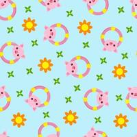 Seamless pattern with animals on a blue background. A pattern with a baby rattle in the form of a pig. Kawaii animals vector