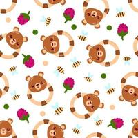 Seamless pattern with animals on a white background. A pattern with a baby rattle in the form of a bear. Kawaii animals vector