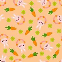 Seamless pattern with animals on an orange background. A pattern with a baby rattle in the form of a rabbit. Kawaii animals vector