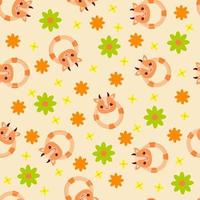 Seamless pattern with animals on a yellow background. A pattern with a baby rattle in the form of a cow. Kawaii animals vector