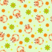 Seamless pattern with animals on a green background. A pattern with a baby rattle in the form of a cow. Kawaii animals vector