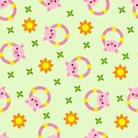 Seamless pattern with animals on a green background. A pattern with a baby rattle in the form of a pig. Kawaii animals vector