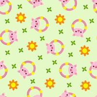 Seamless pattern with animals on a green background. A pattern with a baby rattle in the form of a pig. Kawaii animals vector