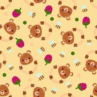 Seamless pattern with animals on an orange background. A pattern with a baby rattle in the form of a bear. Kawaii animals vector