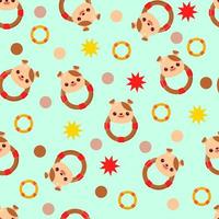 Seamless pattern with animals on a green background. A pattern with a baby rattle in the form of a dog. Kawaii animals vector