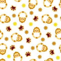 Seamless pattern with animals on a white background. A pattern with a baby rattle in the form of a lion. Kawaii animals vector