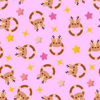 Seamless pattern with animals on a lilac background. A pattern with a baby rattle in the form of a deer. Kawaii animals vector