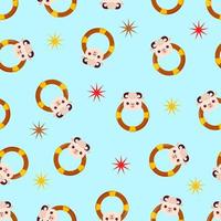 Seamless pattern with animals on a blue background. A pattern with a baby rattle in the form of a lamb. Kawaii animals vector