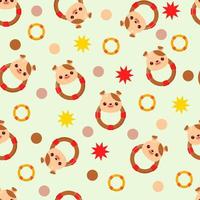 Seamless pattern with animals on a green background. A pattern with a baby rattle in the form of a dog. Kawaii animals vector