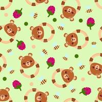 Seamless pattern with animals on a green background. A pattern with a baby rattle in the form of a bear. Kawaii animals vector