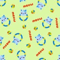 Seamless pattern with animals on a green background. A pattern with a baby rattle in the form of a cat. Kawaii animals vector