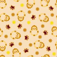 Seamless pattern with animals on a yellow background. A pattern with a baby rattle in the form of a lion. Kawaii animals vector