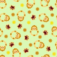 Seamless pattern with animals on a green background. A pattern with a baby rattle in the form of a lion. Kawaii animals vector