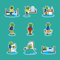 Set of stickers on the theme of daily planning of the daily routine of schoolchild. The baby frog performs various tasks during the day. Bright vector illustration.