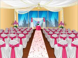 Wedding Venue with Altar and Chairs with Pink Bows. Vector Illustration