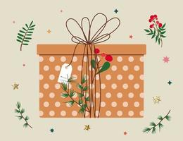 Hands holding Christmas gift in kraft paper with tag and branches. Present box in craft wrapping paper with bow and branches. Colored flat vector illustration isolated on background.