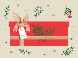 Hands holding Christmas gift in red kraft paper with tag and branches. Present box in craft wrapping paper with bow and branches. Colored flat vector illustration isolated on background.