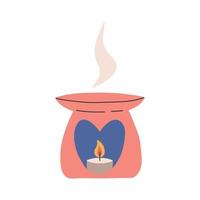 Aroma diffuser or lamp with burning candle inside, flat vector illustration isolated on white background. Aromatherapy and spa concepts. Burning essential oil for aromatic scent.