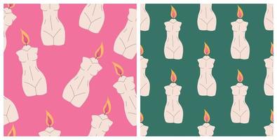 Colorful seamless patterns set with candles in shape of woman body, flat vector illustration. Pink and green backgrounds, trendy wrapping papers.