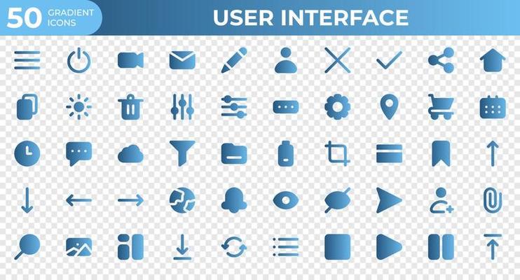 Set of 50 User Interface icons in gradient style. Menu, calendar, clock. Gradient icons collection. Vector illustration