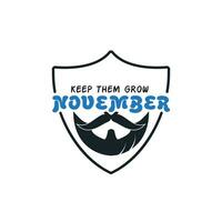 November cancer awareness Vector icon. Mustache and hand lettering text symbolize. Vector poster or banner for no shave social solidarity November event against man prostate cancer campaign.