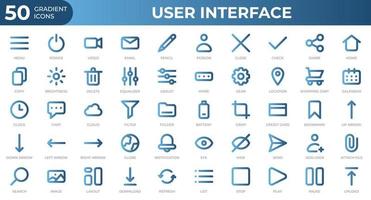 Set of 50 User Interface icons in gradient style. Menu, calendar, clock. Gradient icons collection. Vector illustration