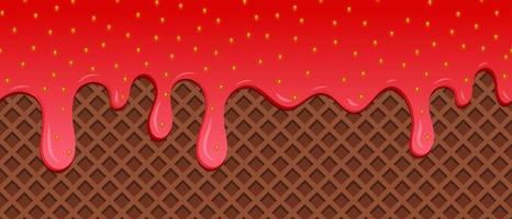 Strawberry ice cream melted on waffle background. Cream melted on waffle background. Sweet ice cream flowing down on cone vector