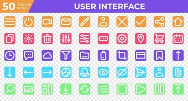 Set of 50 User Interface icons in square style. Menu, calendar, clock. Square icons collection. Vector illustration