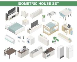 smart house livinge bed kids kitchen room interior quipment component isometric object vector wite tan color on white blackground isolate