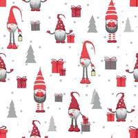 Merry Christmas seamless pattern in traditional colors with vector hand drawn christmas gnomes illustration.